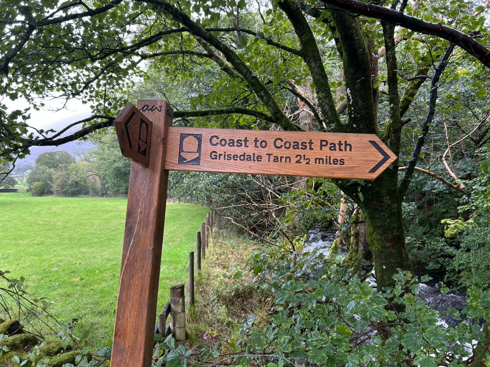 Wooden fingerpost sign, in a rich mid-brown (partly thanks to rain), upright but leaning slightly towards the right edge of the photo. The “pointing” part of the sign contains an icon showing an acorn and the text “Coast to Coast Path” on one line with “Grisedale Tarn 2 1/2 miles” underneath. There is also a pointing part angled towards the camera, but its content is not legible. At the top of the central pillar of wood is inscribed an “aw” insignia, representing Alf Wainwright. The background features a field of green grass, wood post & wire fence and woodland. A fell is visible, though partially shrouded in fine mist, in the distance. 