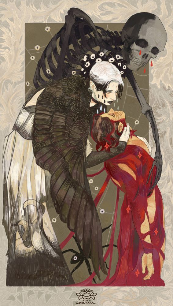 Will, dhampir rogue, is holding up an unconscious Mars, dhampir paladin, from what looks like a pool of blood. Will's wearing a white dress stained in black with swans decorations and a cape made of a black swan's wing. His hair are dyed black on the bottom half. Mars seems to be either wearing a dress made of blood or no dress at all. A large dark skeleton is bending down to hold Mars, from above. There's a web with a spider in the background and a frame made of ice like decorations.