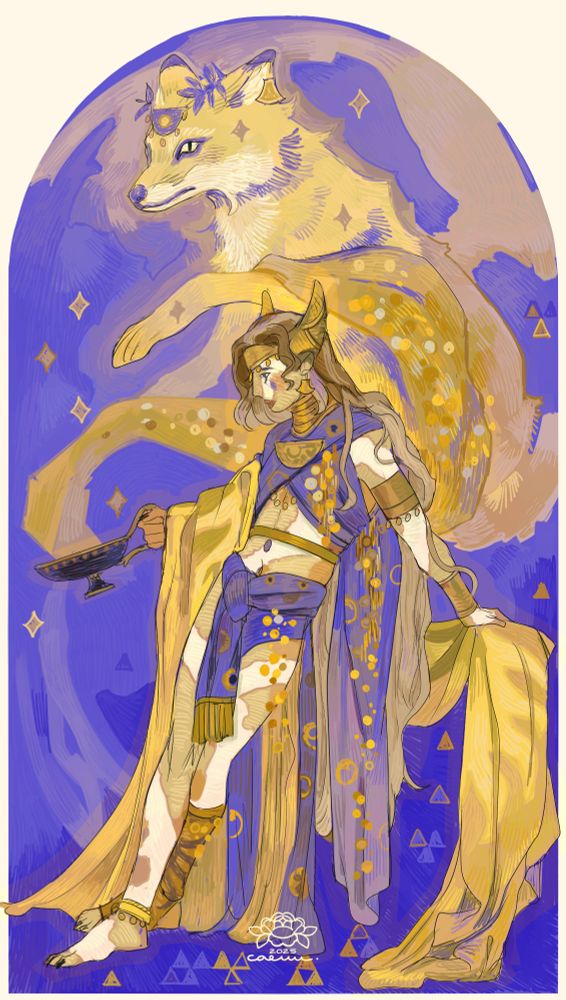 A young priest or druid, dressed with purple and golden robes, with much golden accessories, inspired by etruscan art. They're holding a vase from which golden smoke forms a fox, in the background. The person has long blond wavy hair, and their skin is light golden with white marks resembling vitiligo.