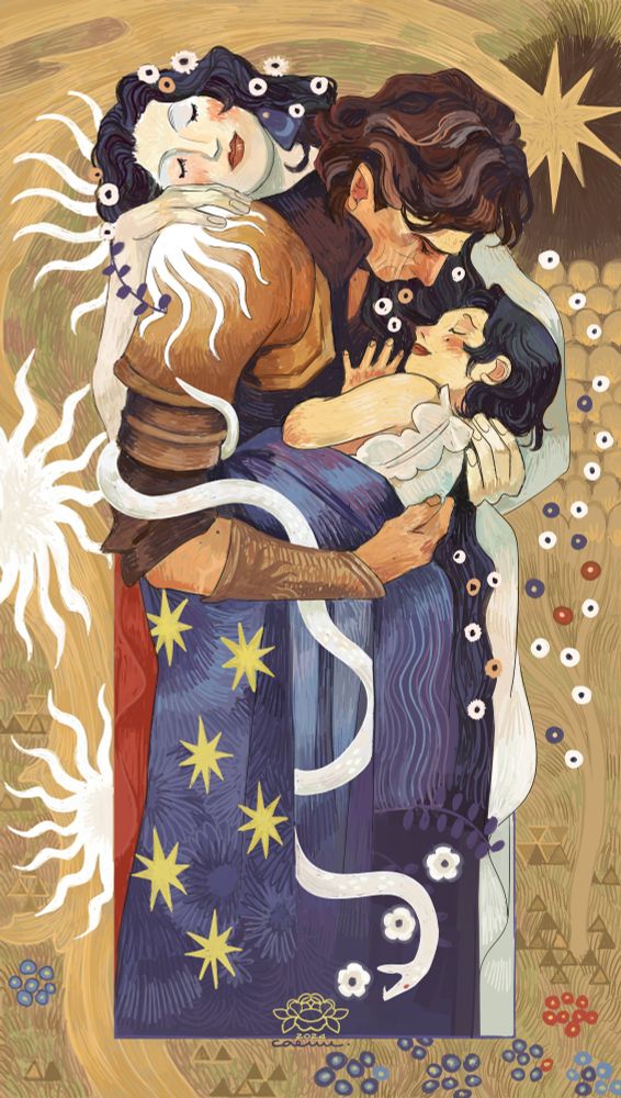 Inspired by Klimt, the composition shows a family: Mars, dhampir paladin, is holding his daughter who appears to be sleeping peacefully. Her mother is hugging them from above, her head laying on Mars' armored shoulder. There are sun and stars motifs along with flowers. A white snake is totally not ominously put in the composition.