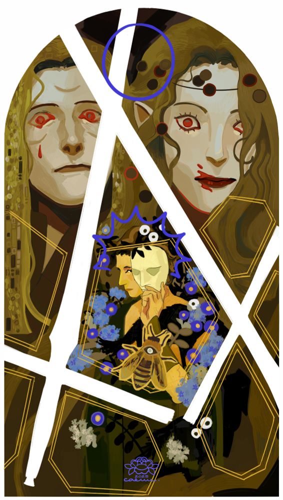 The composition is split by two swords crossing. In the middle, Mars is shown between blue flowers, moving a white mask to the side of his face. In the background, as a close up portrait, two blond figures with long hair and red eyes staring in your soul or something. In the foreground, a bee with a stylized eye on it.