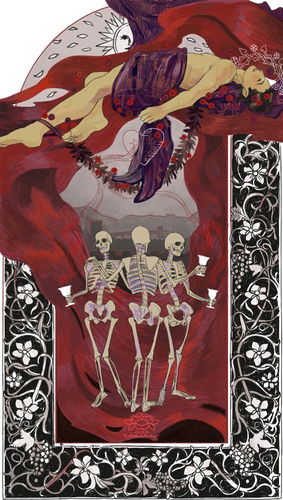In a white and black frame with stylized wild roses and grapes, three skeletons in the three graces pose are holding three glasses, in which blood is being poured by a bleeding heart. On top, Mars is laying down, covered by a purple cloth, with stylized red roses around and a halo made of roses and ivy in a medieval manuscript style. Behind everything, a red wave of blood and a stylized sun.