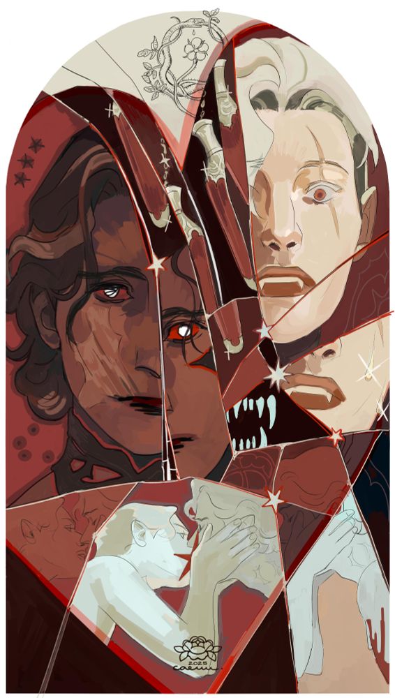 A split mirror in which Mars and Will are reflected, together with a vial of blood, canine looking teeth and them kissing. The mirror shards are shaped in a heart.