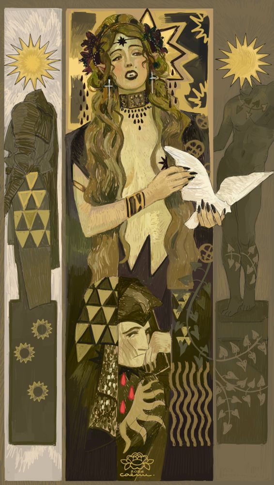In the middle of the composition stands a lady vampire whose pose is inspired by Klimt's Salomè. She's holding a white dove instead of a head and her dark dress is decorated with gold accents. Her hair are long, golden and wavy. Below her, Mars, paladin dhampir, is resting his head on his hand, blood dripping from his neck. He's wearing a black and gold chainmail decorated with triangle and sun patterns. On the right, the naked statue of a man is standing on a tall base. There's a sun in place of his head, just like on the knight seen from his side, standing on the left of the composition.