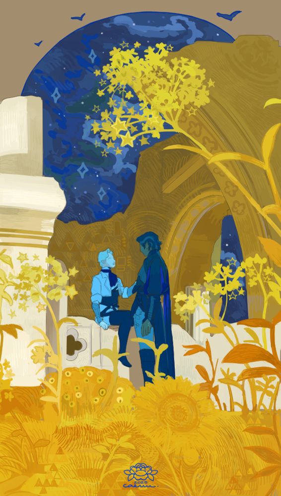 Mars is standing before Will, who's sitting on some marble ruins, in the middle of a golden field with star shaped flowers among many others. The sky is a bright blue and filled with stars.