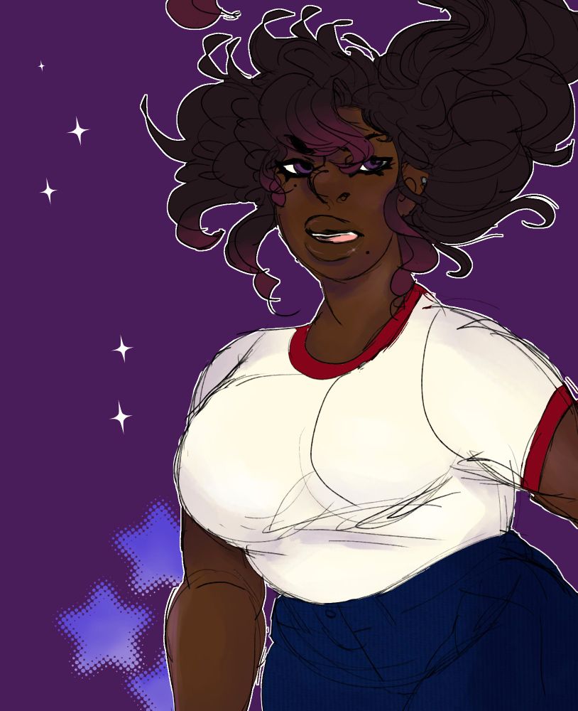 a thigh up illustration of my oc, kenya, a black woman with long, deep purple hair tied up into a ponytail. she's wearing a white t-shirt with red accents and a pair of navy jeans. the purple background is decorated with both sparkles and stars.