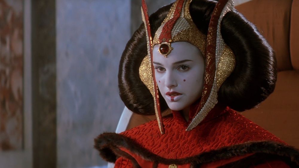 Queen Amidala's iconic red dress, gold headpiece look