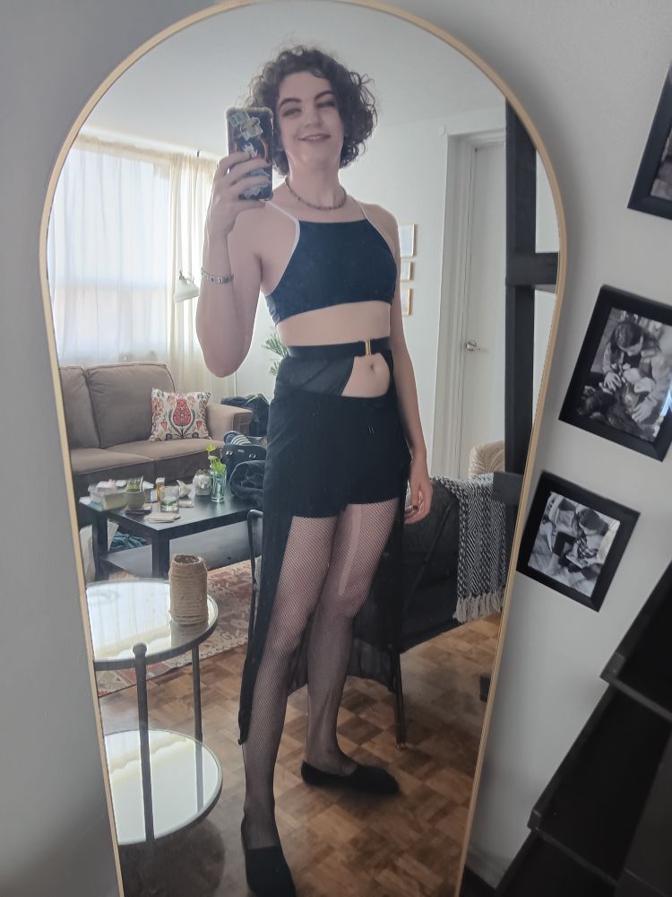 Full body shot of me also wearing a cover-up skirt, shorts and fishnets (to the beach, because I'm a hoe)