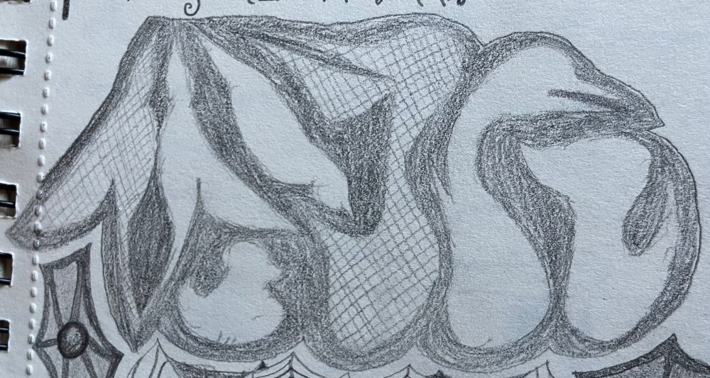 Light silhouettes of seven birds outlined in sketchy shaded pencil. Two of the birds are shades with cross-hatching. Some hints of doodles and cipher script along the edges from other doodles on the page.