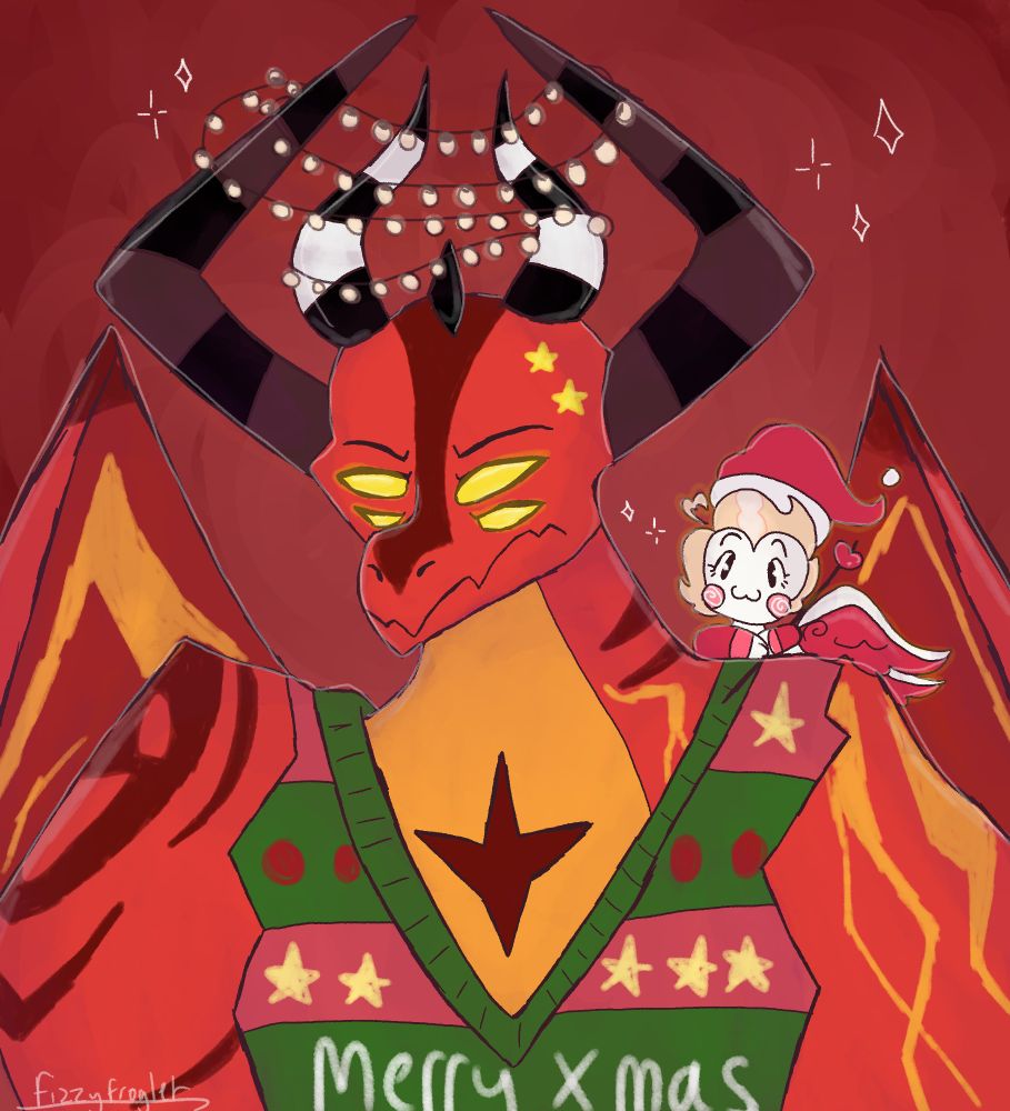 satan looking annoyed wearing a Christmas jumper with Christmas lights around his horns, lucifer is on his shoulder and smiling 