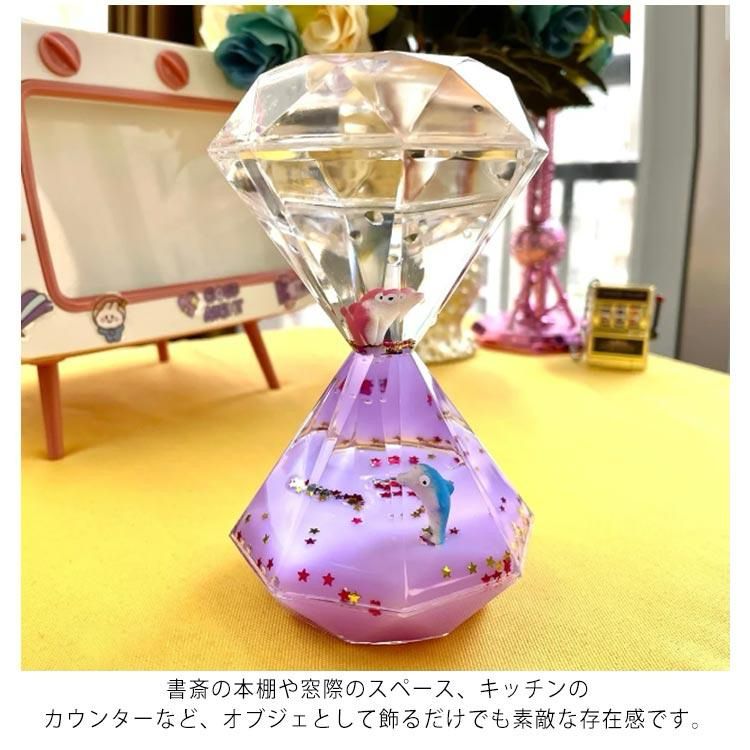 ラウンドブリリアンカットされたダイヤモンドのような形をした立体物がふたつ、上下対称にくっついているような、砂時計のような形のオイルタイマーの画像。
オイルの色はピンクで、小さなイルカや星形のビジューが浮かべられている。