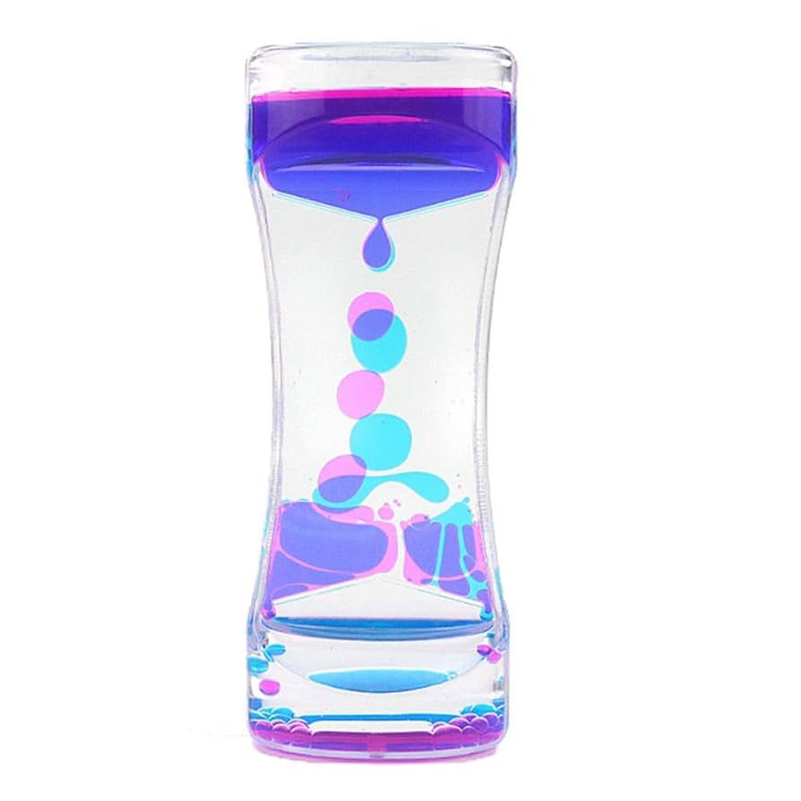 水色とパープル、2色に着色されたオイルが上部から落ちてくるオイルタイマーの画像。