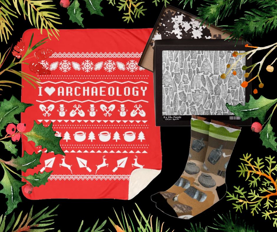 A montage of Christmas gift items including a red "ugly sweater" blanket, jigsaw puzzle with projectile point illustrations, and socks showing archaeological stratigraphy