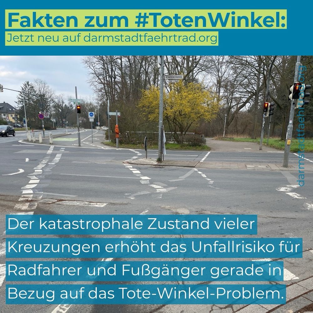 Fakten zum #TotenWinkel: 
Jetzt neu auf www.darmstadtfaehrtrad.org 

Der katastrophale Zustand vieler Kreuzungen erhöht das Unfallrisiko für Radfahrer 🚴‍♂️ und Fußgänger🚶‍♂️gerade in Bezug auf das Tote-Winkel-Problem. 

Grafik zeigt Bild von verschlissenen Fahrradfurtmarkierungen