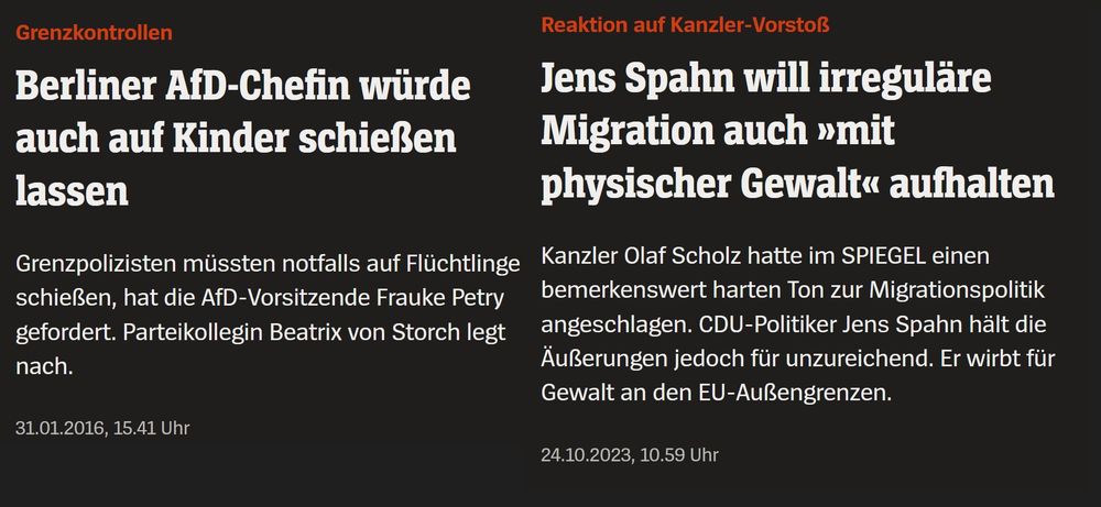 Ein Screenshot zweier Spiegel-Online Artikeln, einmal von der AfD-Politikerin Beatrix von Storch aus dem Jahr 2016 und dem CDU-Politiker Jens Spahn von heute. Beide Politiker*innen lehnen die Anwendung von Gewalt an den Grenzen nicht ab.
