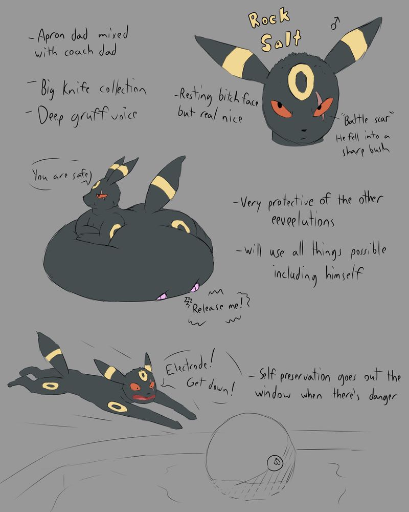 Rock Salt is a male Umbreon who is nice despite the stern look. He gives a coach dad and apron dad vibe being overprotective of the eeveelutions around him. A very 'get down mr president' mentality when danger is even momentarily perceived.