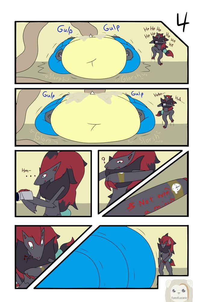 The zoroark watches lucario widen farther and fatten fast. Even he is surprised with how fast the expansion is as the blue flab approaches.