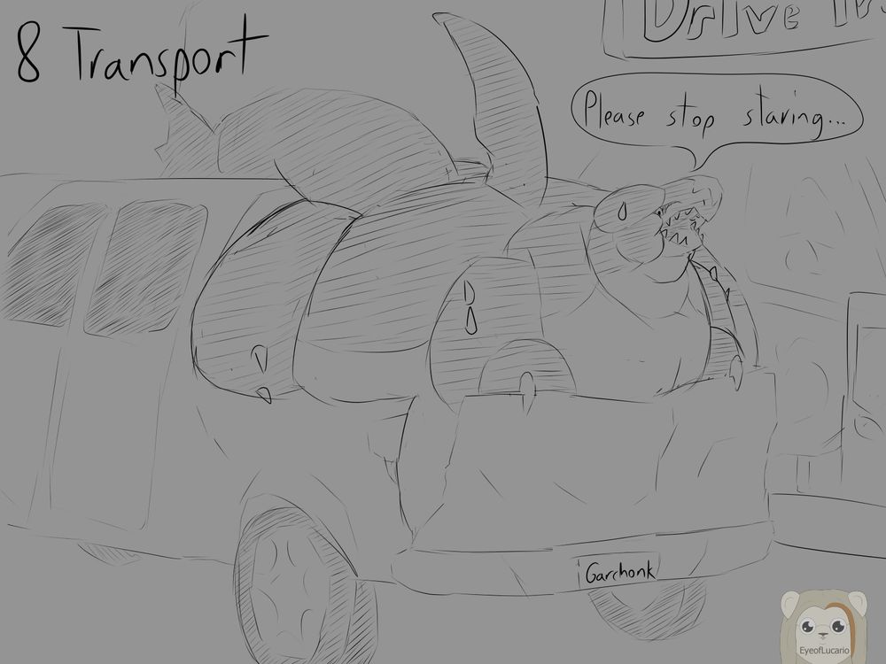 an obese garchomp rests in the back of a pickup truck in a drive thru. They are sensitive about their size and request none to stare.