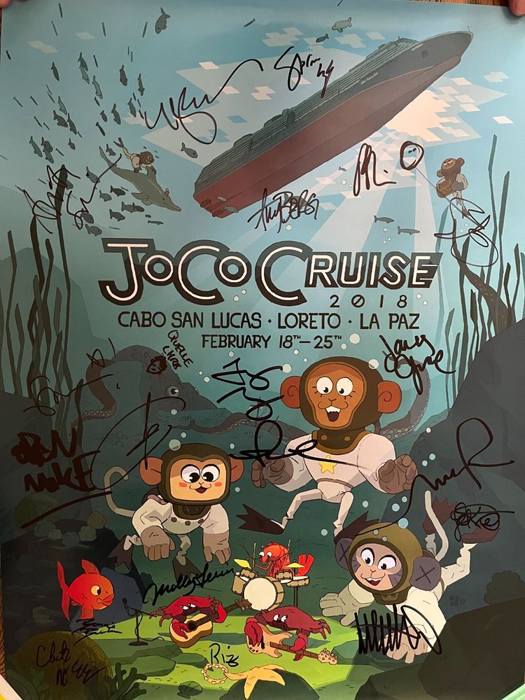 The 2018 JoCo Cruise poster designed by Steven and Rebecca Sugar. It is signed by featured guests including Wil Wheaton and Jonathan Coulton