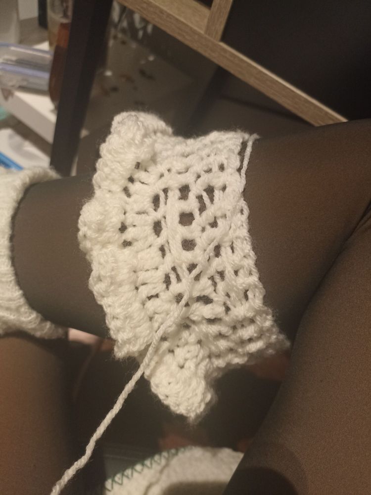Work in progress of making leg warmers with white yarn but also loosely done😭