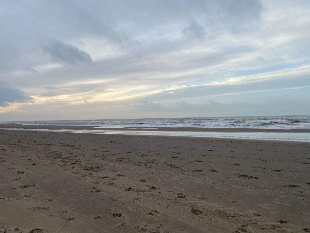 Donker zand, de zee is grijs en je ziet dat het lekker waait. De lucht is allerlei tinten licht grijs en een vleugje blauw 