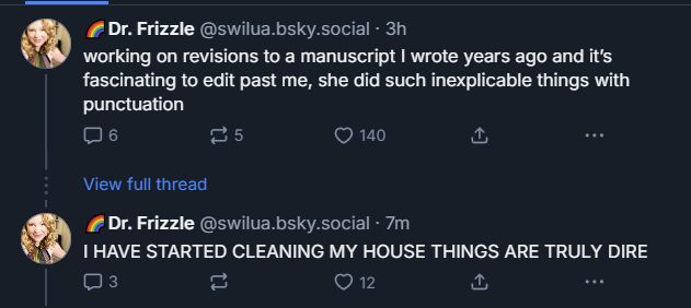 This was just a screencap of two of the posts in this thread. The first one was the top of the thread. The second one is the one being directly replied to. Bluesky collapsed the thread, so that it says "View full thread" between the two of them.