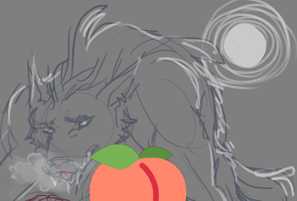 A huffy werewolf under the light of the full moon.  Presumably doing something in the cold because you can see their breath.  There is a large peach emoji censoring their activity.