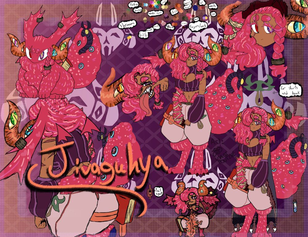jiva guhya red wild hair big orange bull horns with big demon like eyes on the horns big fluffy furry feet and mutant arm