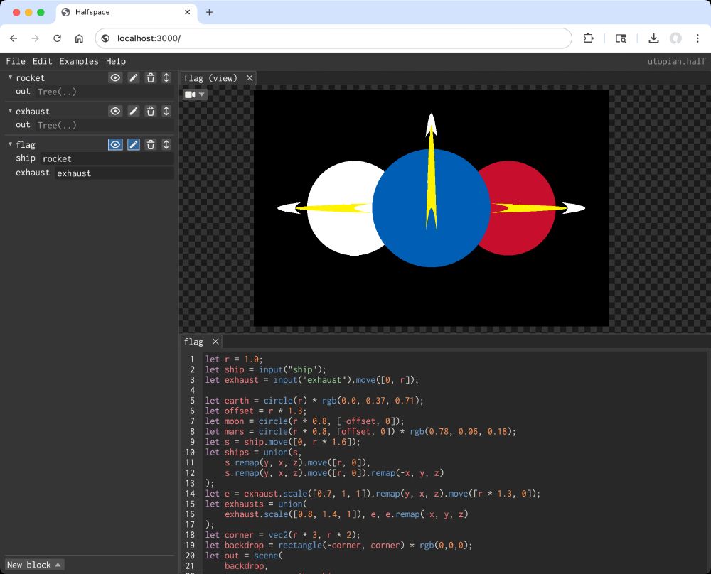 Screenshot of a browser window open to localhost:3000, showing a complex web application

The application includes a list of blocks on the left, a script in the bottom, and a rendered flag in the top.  The flag has white, blue, and red circles, with abstract rockets (trailing yellow exhaust) leaving from each one.  It is the Utopian Hive flag from the Terra Ignota series.