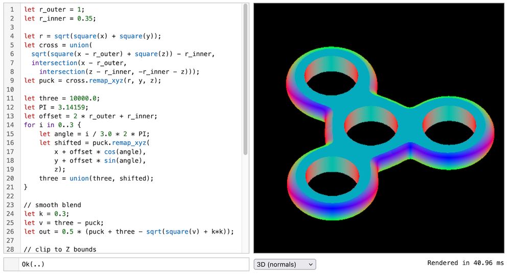 Screenshot of a window showing two panes: on the left is a script, and on the right is a fidget spinner