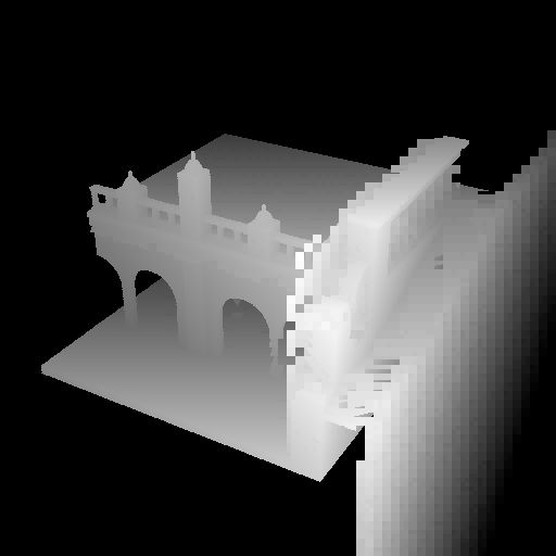 Computer-generated greyscale image showing a heightmap of an architectural model.  On the left side, everything looks reasonable; on the right side, it quickly descends into pixelated madness.
