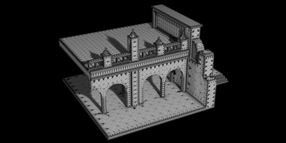 A wireframe mesh of an architectural cross-section