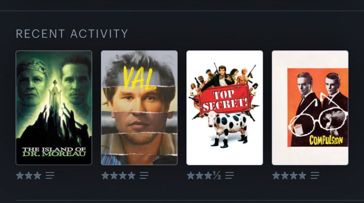 The Island of Dr Moreau (1996); Val (2001); Top Secret! (1984); Compulsion (1959).