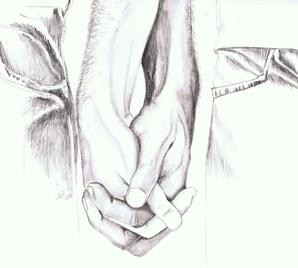 pencil drawing of two male hands, fingers intertwined