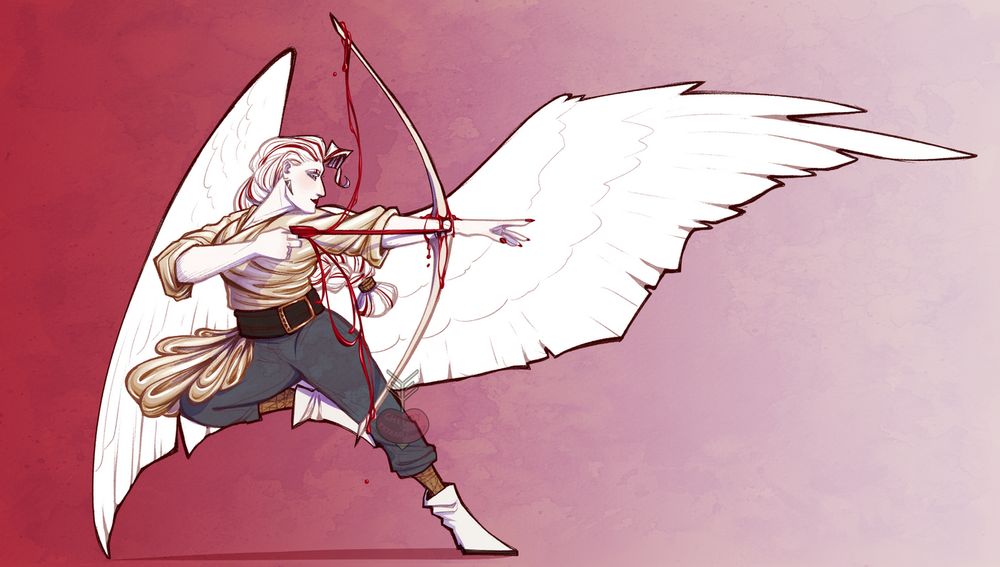 A tall feminine figure of albino colouring and white wings fires a bow to the right of the screen. The bow is made from her wrist bones and the string and arrow are drawn from her blood. 