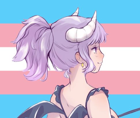 Mari's profile picture, depicting a demonic woman with purple hair and horns, with a transgender pride flag in the background