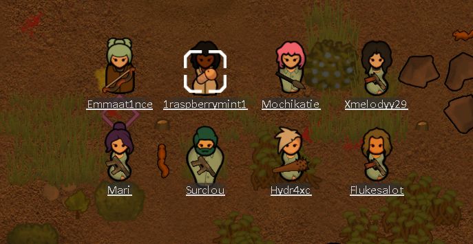 Mari’s rimworld colony so far, showing 8 community members as pawns