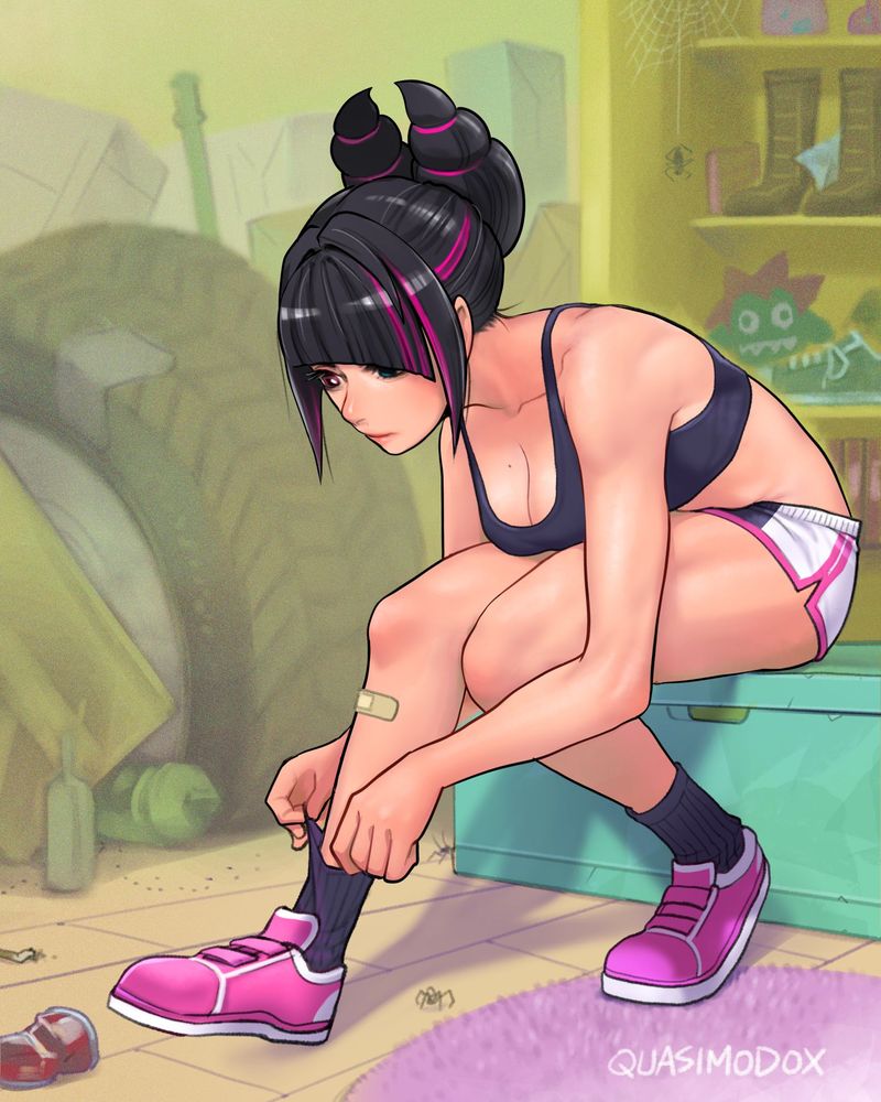 Street Fighter Juri putting on shoes and socks in a messy room