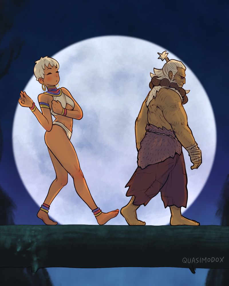Street Fighter Elena and Akuma walking on a tree log with a full moon behind them, like the hakuna matata scene in Lion King