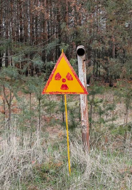 A radioactive warning sign in Chernobyl