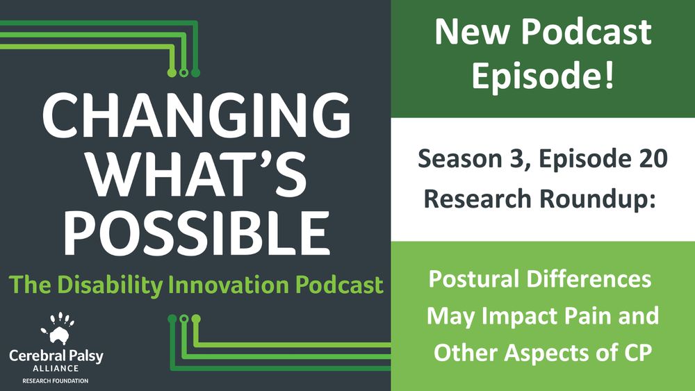 On the left side of the image, the cover art for the podcast is displayed. The text reads, "Changing What's Possible: The Disability Innovation Podcast. There are lines in different shades of green running horizontally across the cover art, resembling a circuit. The logo for Cerebral Palsy Alliance Research Foundation appears in the bottom left corner. On the right side of the image, there are three stacked text blocks. The top one reads, "New Podcast Episode!" in white on a dark green background. The middle block reads, "Season 3, Episode 20, Research Roundup:" in dark gray on a white background, and the lower block reads, "Postural Differences  May Impact Pain and Other Aspects of CP" in white text on a light green background.