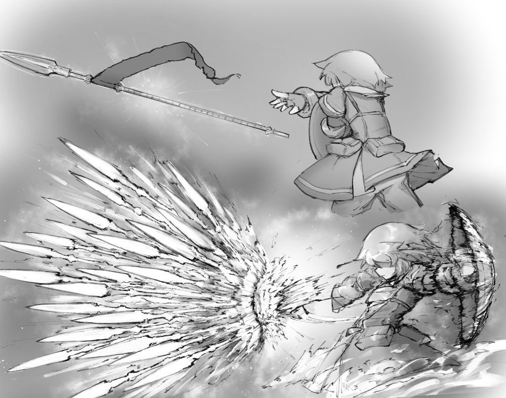 Pati performs a shotgun spear by utilizing the Draupnir spear and a shield. 