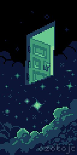 Pixel art of a door floating in space