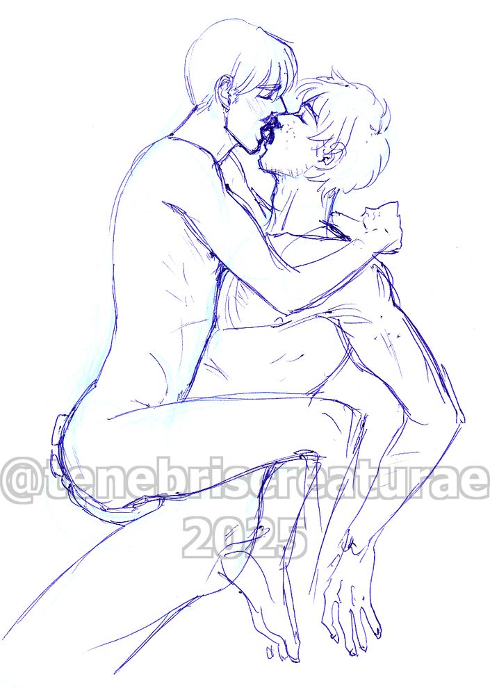 A blue coloured pencil and pen sketch of two young men. Emile(left) is held up by Ollie(right) while they're kissing. They're both fully naked, with no genitals showing.