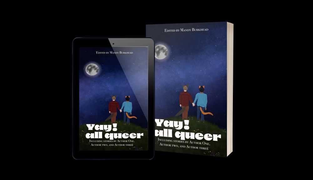 Paperback and kindle of Yay! all queer cover with two furries holding hands and staring at moon