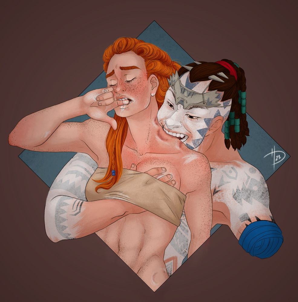 Kotallo embracing Aloy from behind while they both face us. Kotallo is biting own on her neck and leaving marks, whilst his hand is under her breast band. Aloy is biting her finger and has some of Kotallo's paint around her mouth