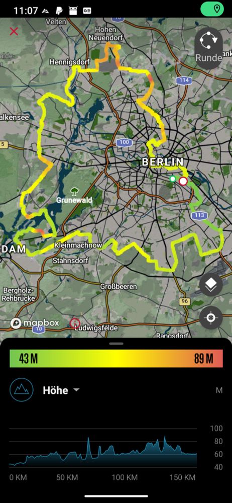screenshot einer navigations-app mit strecke des berliner mauerwegs