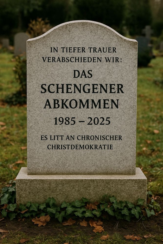 „Fotografie eines grauen Grabsteins auf einem Friedhof, umgeben von Gras, herbstlichen Blättern und Efeu. Auf dem Grabstein steht: ‚In tiefer Trauer verabschieden wir: Das Schengener Abkommen 1985 – 2025. Es litt an chronischer Christdemokratie.‘ Im Hintergrund sind weitere Grabsteine und unscharfe Bäume zu erkennen.“


