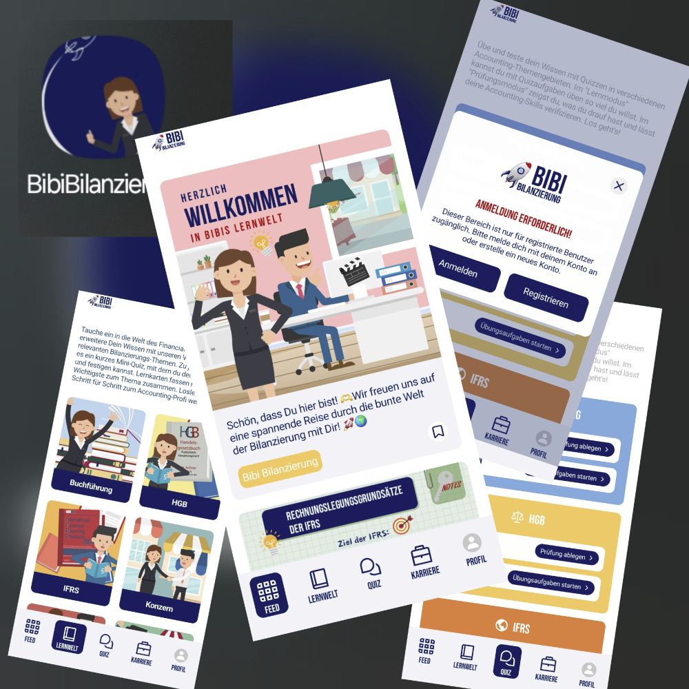 Collage von App-Screenshots der Lern-App „BibiBilanzierung“. Die App zeigt eine animierte Figur namens Bibi in verschiedenen Szenen zum Thema Bilanzierung. Zu sehen sind u. a. der Willkommensbildschirm „Herzlich Willkommen in Bibis Lernwelt“, Themenbereiche wie Buchführung, HGB, IFRS und Konzernabschluss sowie Menüpunkte für Lernwelt, Quiz, Karriere und Profil. Ein Screenshot zeigt den Login- und Registrierungsbildschirm, ein anderer eine Übersicht von Übungsaufgaben und Prüfungen. Die Gestaltung ist farbenfroh und im Comic-Stil gehalten.