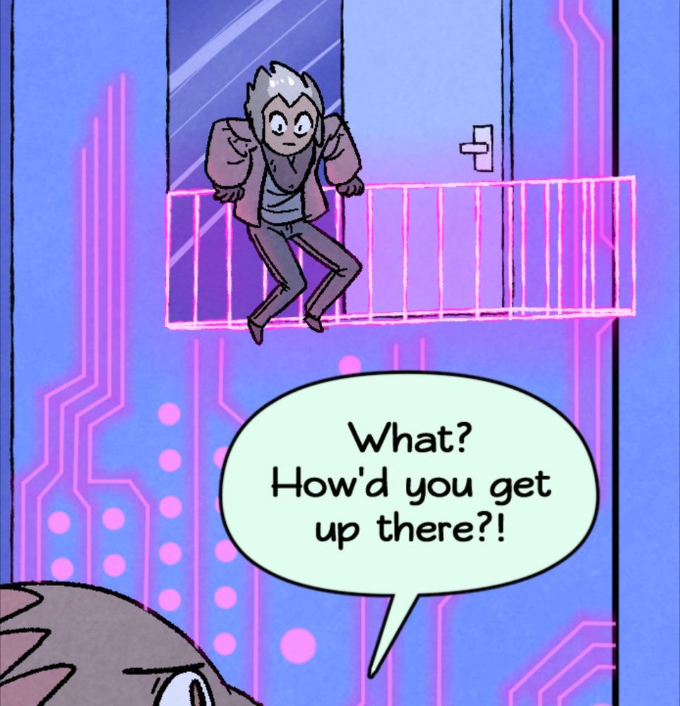 A panel from Witch of Dezina, featuring Tayver, comically clinging to the outside of a balcony railing looking terrified as Lao asks how he even got up there.
